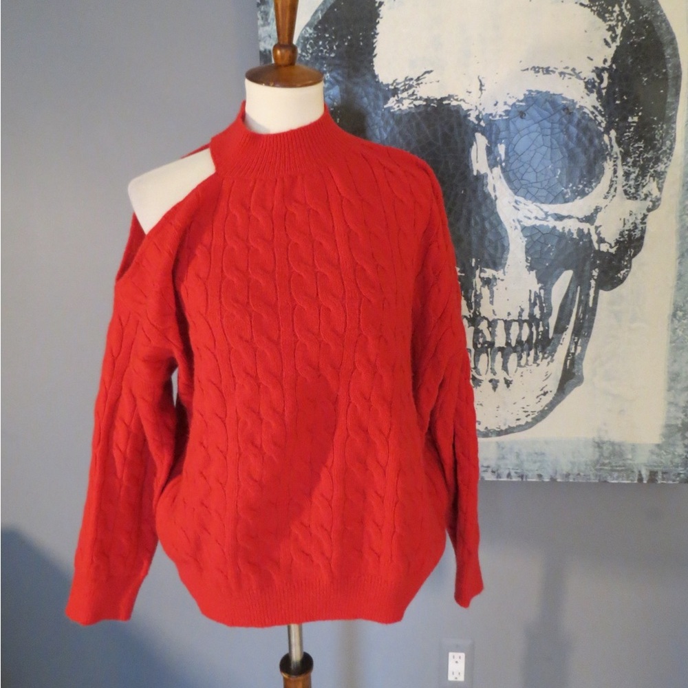 Red Cable Knit Sweater with Shoulder Cutout